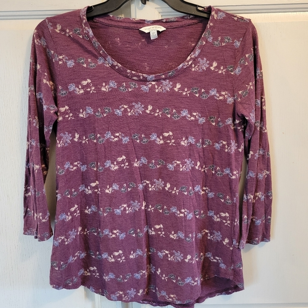 Lucky Brand Maroon Floral Print 3/4 Sleeve Shirt